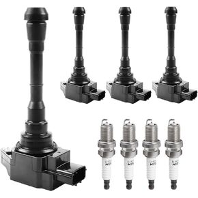 Ignition Coil Packs and Spark Plugs fit for L4 1.6L Turbo Nissan Juke 2011 2012 2013 2014 2015 2016 2017 1.6, UF659, Set of 4
