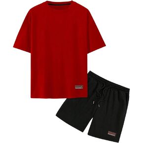 Men's Outfits 2 Piece Letter Patched Half Sleeve T Shirts and Drawstring Waist Workout Shorts Set