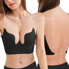 Sexy Code 1701 Womens Low Back Bras Deep Plunge Backless Bra Push Up Bra with Clear Straps, Low Cut Convertible Underwire Bra