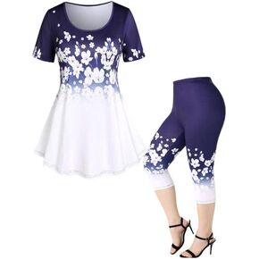 ROSE GAL Rosegal Women Plus Size Floral Ombre Tee and Leggings Matching Set