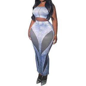 Women's Sexy 2 Piece Outfits Denim Print Graphic Maxi Skirt Dress Sets Sleeveless Crop Top Bodycon Skirt