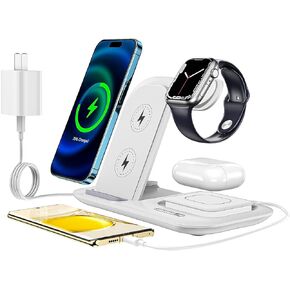 4-in-1 15W Fast Wireless Charger Station with Clock - Compatible with iPhone 15/14/13/12 Pro Max, Apple Watch, and AirPods Pro/2/3 - Includes Alarm Function