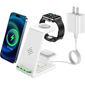 قاعدة شحن لاسلكية سريعة 4 في 1 بقدرة 15 واط مع ساعة - متوافقة مع iPhone 15/14/13/12 Pro Max وApple Watch وAirPods Pro/2/3 - تتضمن وظيفة التنبيه