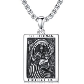 PELOVNY Saint Florian Necklace 925 Sterling Silver Firefighter Pendant St Florian Religious Jewelry for Fathers Day Birthday Christmas Gifts Men