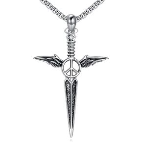 Gothic Sword Necklace 925 Sterling Silver Peace Sign Pendant Wings Jewelry Birthday Gift for Men Women