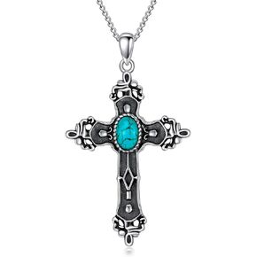 Genuine Turquoise Cross Necklace for Women Men 925 Sterling Silver Western Boho Jewelry Vintage Gemstone Pendant for Her