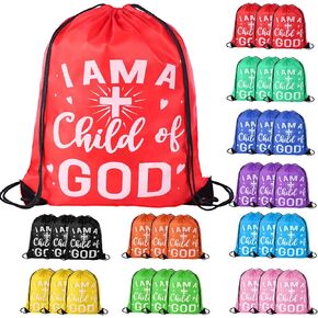 VZZNN 30 Pcs I Am a Child of God Drawstring Backpack Bulk Christian Gift Bags Church Supplies String Backpack Cinch Bag Jesus Stuff(10 Colors)