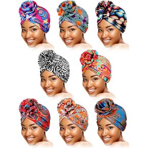 SATINIOR 8 Pcs Women Turban Head Wraps for Women African Pattern Knot Headwrap Bohemian Print Pre Tied Flower Knot Bonnet Hat