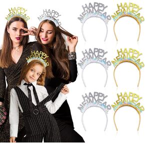 6 قطع عصابة رأس Happy New Year للنساء، تاج رأس رأس السنة الجديدة 2025 من أجل هدايا حفلات Nye 2025، غطاء رأس رأس السنة الذهبية والفضية لمستلزمات حفلات رأس السنة الجديدة 2025