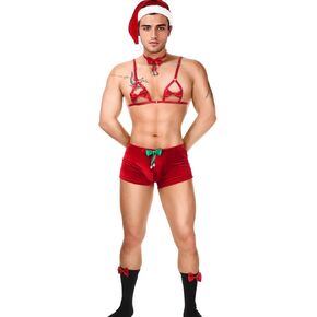 Men's 5Pc Christmas Bow Lingerie Santa Outfit, Exotic Apparel Boxer Shorts Underwear, Holiday Costume Funny Gift