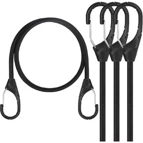36 inch Bungee Cords with Carabiner Hooks Black, 4-Piece, High Elastic Natural Rubber Bungee Straps, UV Resistant