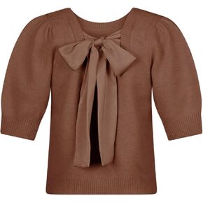 Springrain Bow Sweater Women Casual Puff Short Sleeve Crew Neck Tie Back Knit Pullover Tops in Kuwait