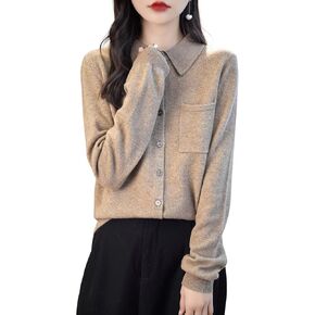 Women's Polo Neck 100% Merino Wool Sweater 2024 Spring Basic Long Sleeve Knitted Cardigan Sweater with Pocket