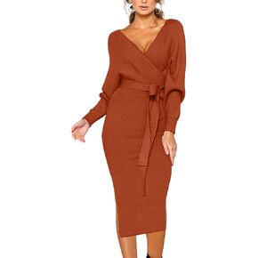 CHERFLY Women's V Neck Sweater Dresses Batwing Long Sleeve Backless Bodycon Long Dress with Belt