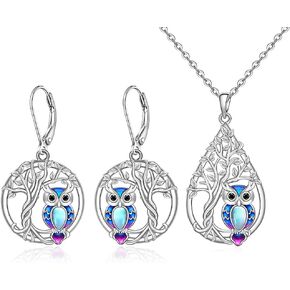 Owl Earrings and Necklace Set Sterling Silver Tree of Life Owl Earrings for Women Moonstone Owls Jewelry Graduation Birthday Christmas Gifts