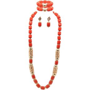 Nigerian Wedding African Beads Jewelry Set Women Imitation Coral Bead and Gold Accessorise 36 Inch Long Necklace Earrings and Bracelet