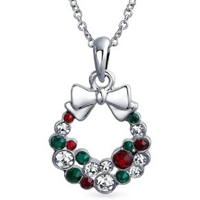 Fashion Sparkling Christmas Jewelry Set Bow Red Green White Crystal Holiday Wreath Stud Earrings Pendent For Women Teen Crystal Silver Plated