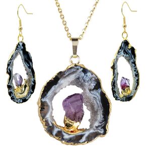 SUNYIK Irregualr Shape Natural Agate Quartz Geode Druzy Pendant Necklace & Crystal Dangle Earrings Jewelry Set