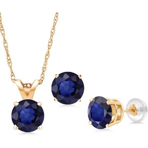 Gem Stone King 1.50 Ct Round Blue Sapphire 14K Yellow Gold Pendant and Earrings Jewelry Set With Chain