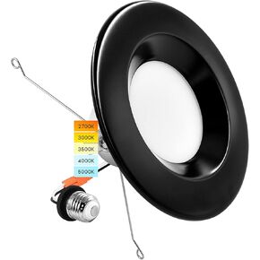 LUXRITE 5/6 Inch LED Recessed Retrofit Downlight, 14W=90W, CCT Color Selectable 2700K | 3000K | 3500K | 4000K | 5000K, Dimmable Can Light, 1100 Lumens, Wet Rated, Energy Star, Black Trim (4 Pack)