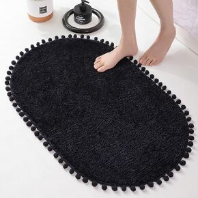 YIRDDEO Bath Mat Black Rug with Pom Oval Bathroom Rugs for Bedroom Non Slip Cute Boho Absorbent Mats Soft Plush Washable Rug (20x30 inches)