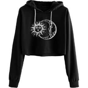 Remidoo Women's Casual Sun and Moon Print Hoodie Long Sleeve Crop Top Sweatshirt
