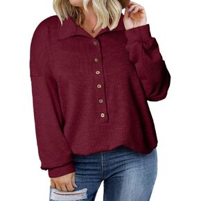 Eytino Womens Plus Size Fall Tops Button Down V Neck Long Sleeve Casual Knit Pullover Blouse T Shirts(1X-5X)