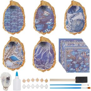 WEBEEDY DIY 5 Sets Oyster Shell Ring Dish Jewelry Tray Ocean Style Ring Display Holder Small Trinket Dish Jewelry Organizer Craft Kit for Bridal Shower Favors Beach Themed Wedding Gift