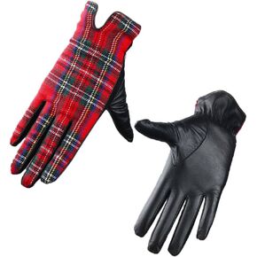 TECH GLOVES Plaid Real Leather Wrist Long Red Scottish Grid Tweed Wool Gift