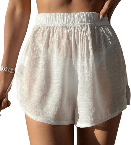 شورت بيكيني نسائي من SweatyRocks بخصر مطاطي شفاف وحاشية مقسمة لتغطية صلبة للشاطئ in Kuwait