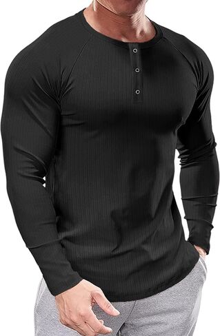 Men's Slim Fit Muscle Henley Shirts Cool Dry Shirts Ribbed Tee Short/Long Sleeve T-Shirt Gym Wicking Athletic T in Saudi Arabia