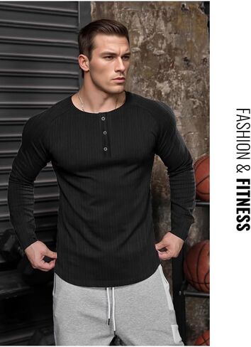 Men's Slim Fit Muscle Henley Shirts Cool Dry Shirts Ribbed Tee Short/Long Sleeve T-Shirt Gym Wicking Athletic T in Saudi Arabia