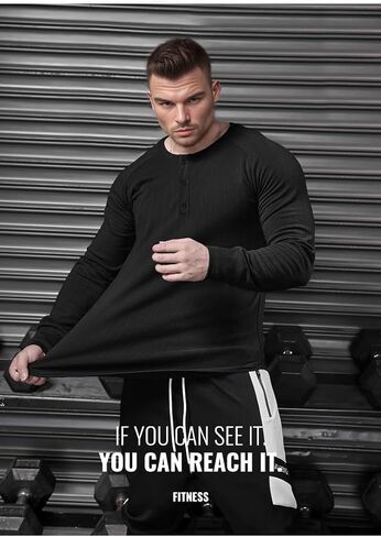 Men's Slim Fit Muscle Henley Shirts Cool Dry Shirts Ribbed Tee Short/Long Sleeve T-Shirt Gym Wicking Athletic T in Saudi Arabia