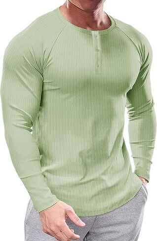 Men's Slim Fit Muscle Henley Shirts Cool Dry Shirts Ribbed Tee Short/Long Sleeve T-Shirt Gym Wicking Athletic T in Saudi Arabia