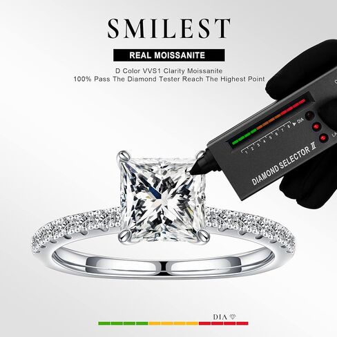 SMILEST 1.5 CT Moissanite Engagement Rings for Women, D Color VVS1 Clarity Princess Lab Created Moissanite Side Stone Wedding Rings 18K White Yellow Rose Gold Vermeil 4 Claw Moissanite Promise Rings in Kuwait
