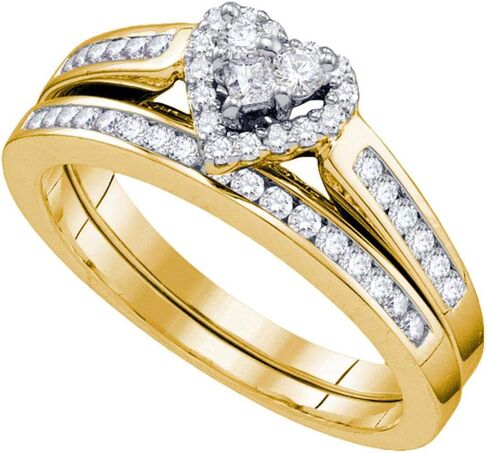 Solid 14K Yellow Gold Real Natural Diamond Heart Bridal Matching Engagement Ring Wedding Band Set 1/2 Carat (.55 Cttw) in Saudi Arabia