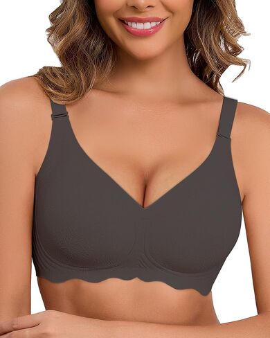 Womens Seamless Wireless Bras Womens Bras No Underwire Full Support V Neck Bralette Everyday T-Shirt Bra Grey in Saudi Arabia