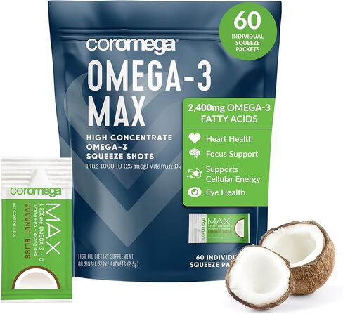 Coromega MAX Gold 3000mg Omega-3 Fish Oil + Vitamin D (30 Squeeze Packets, Orange Flavor) Wild-Caught, No Fishy Taste - 3X Better Absorption Than Softgels, Supports Brain & Heart Health in Kuwait
