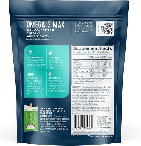 Coromega MAX Gold 3000mg Omega-3 Fish Oil + Vitamin D (30 Squeeze Packets, Orange Flavor) Wild-Caught, No Fishy Taste - 3X Better Absorption Than Softgels, Supports Brain & Heart Health in Kuwait