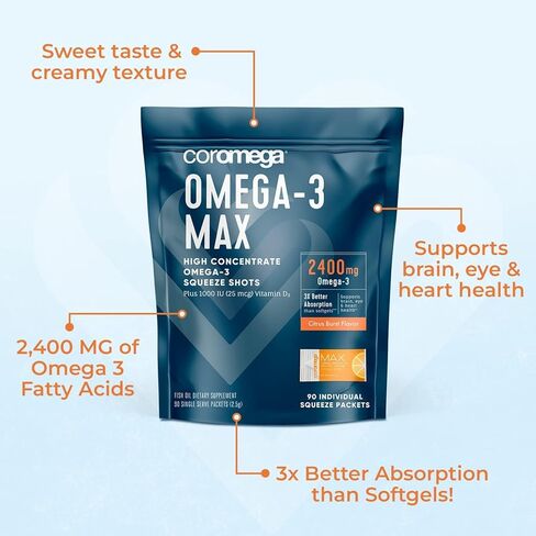 Coromega MAX Gold 3000mg Omega-3 Fish Oil + Vitamin D (30 Squeeze Packets, Orange Flavor) Wild-Caught, No Fishy Taste - 3X Better Absorption Than Softgels, Supports Brain & Heart Health in Kuwait