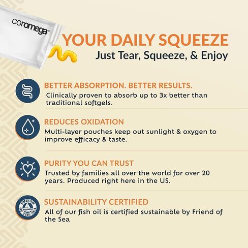 Coromega MAX Gold 3000mg Omega-3 Fish Oil + Vitamin D (30 Squeeze Packets, Orange Flavor) Wild-Caught, No Fishy Taste - 3X Better Absorption Than Softgels, Supports Brain & Heart Health in Kuwait