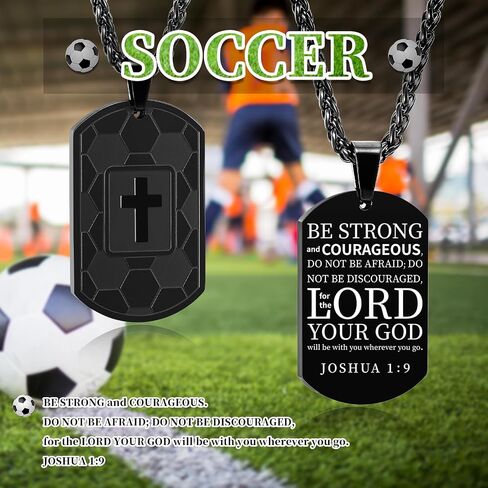 Soccer Bible Verse Cross Necklace for Men Stainless Steel Black/Gold/Silver Tone Cross Pendant Religious Gift Soccer Sports Jewelry for Men Boys Kids Teen with Stainless Steel Chain 22+2 inch in Kuwait