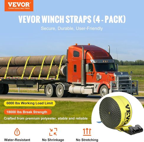 أشرطة شاحنة VEVOR، 4 × 30 بوصة شديدة التحمل مع خطافات مسطحة بقوة كسر 18000 رطل، WLL# 6000 رطل، أشرطة شحن مربوطة لأسفل للأسرّة المسطحة والشاحنات والمقطورات والمزارع وعمليات الإنقاذ وموفر الأشجار، أصفر (4 عبوات) in Saudi Arabia