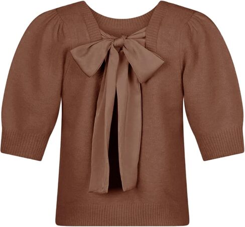 Springrain Bow Sweater Women Casual Puff Short Sleeve Crew Neck Tie Back Knit Pullover Tops in Kuwait