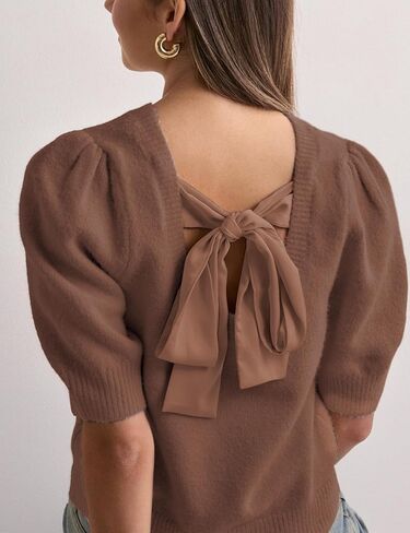 Springrain Bow Sweater Women Casual Puff Short Sleeve Crew Neck Tie Back Knit Pullover Tops in Kuwait