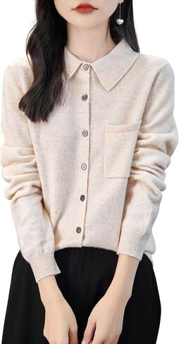 Women's Polo Neck 100% Merino Wool Sweater 2024 Spring Basic Long Sleeve Knitted Cardigan Sweater with Pocket in Kuwait
