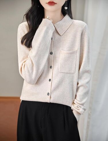 Women's Polo Neck 100% Merino Wool Sweater 2024 Spring Basic Long Sleeve Knitted Cardigan Sweater with Pocket in Kuwait