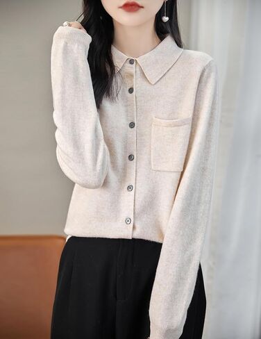 Women's Polo Neck 100% Merino Wool Sweater 2024 Spring Basic Long Sleeve Knitted Cardigan Sweater with Pocket in Kuwait
