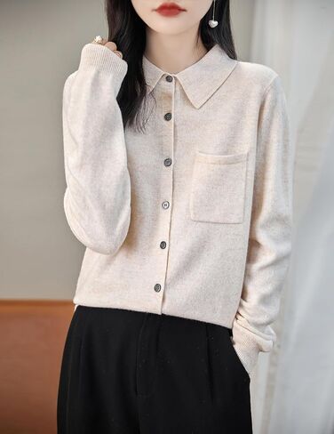 Women's Polo Neck 100% Merino Wool Sweater 2024 Spring Basic Long Sleeve Knitted Cardigan Sweater with Pocket in Kuwait