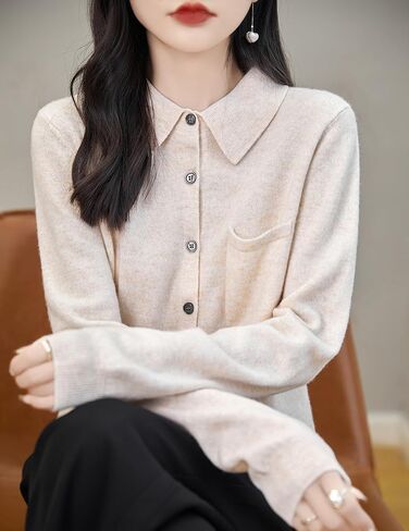 Women's Polo Neck 100% Merino Wool Sweater 2024 Spring Basic Long Sleeve Knitted Cardigan Sweater with Pocket in Kuwait